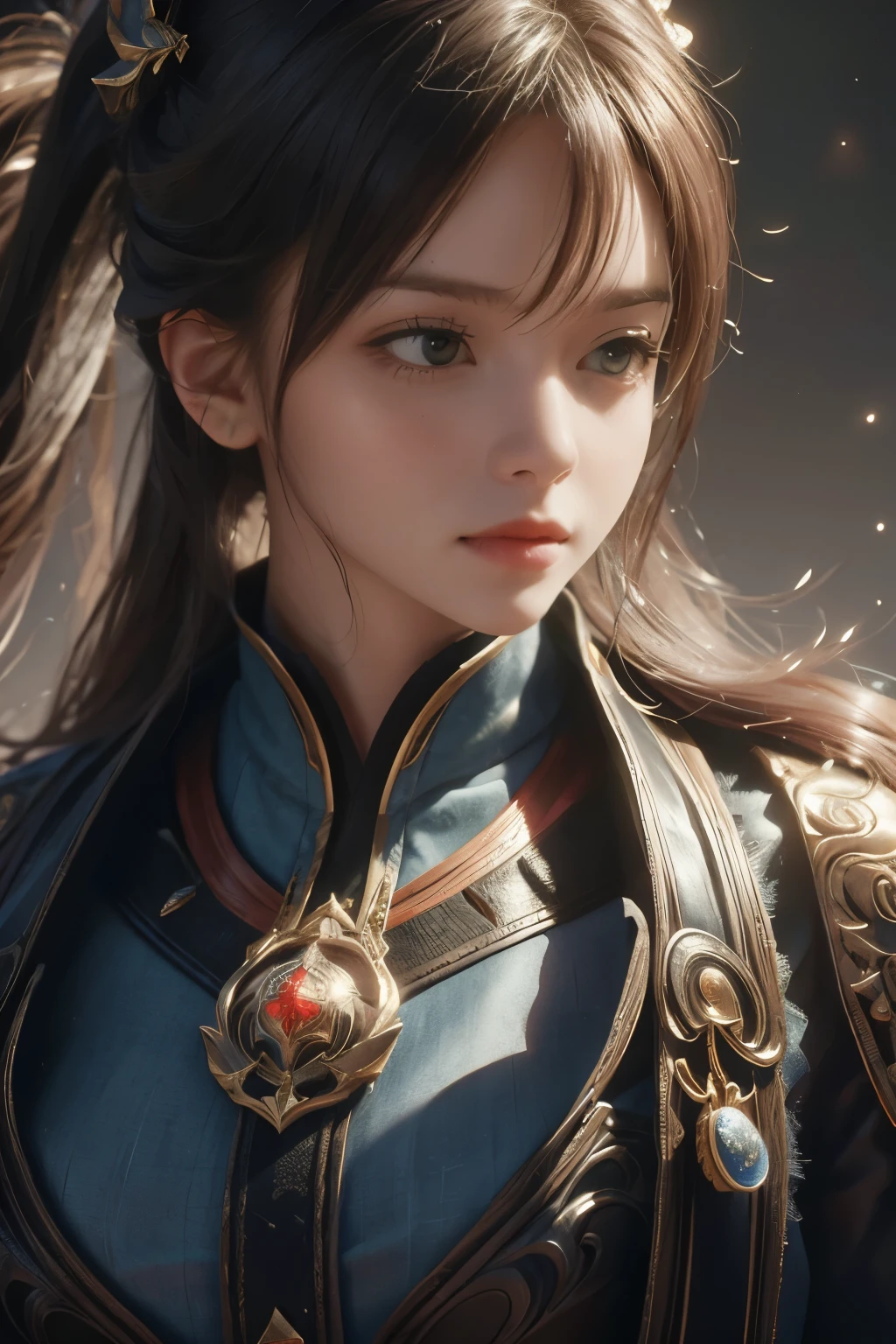 Game art，The best picture quality，Highest resolution，8K，(A bust photograph)，(Portrait)，(Head close-up:1.5)，(Rule of thirds)，Unreal Engine 5 rendering works， (The Girl of the Future)，(Female Warrior)， 
20岁少女，((Hunter))，An eye rich in detail，(Big breasts)，优雅高贵，冷漠，勇敢的，
（Medieval-style fur combat clothing，Glowing magic lines，Fur clothing with rich details），Medieval Lady Knight，Medieval ranger，
拍照姿势，简单背景，Movie lights，Ray tracing，Game CG，((3D Unreal Engine))，oc渲染反射纹