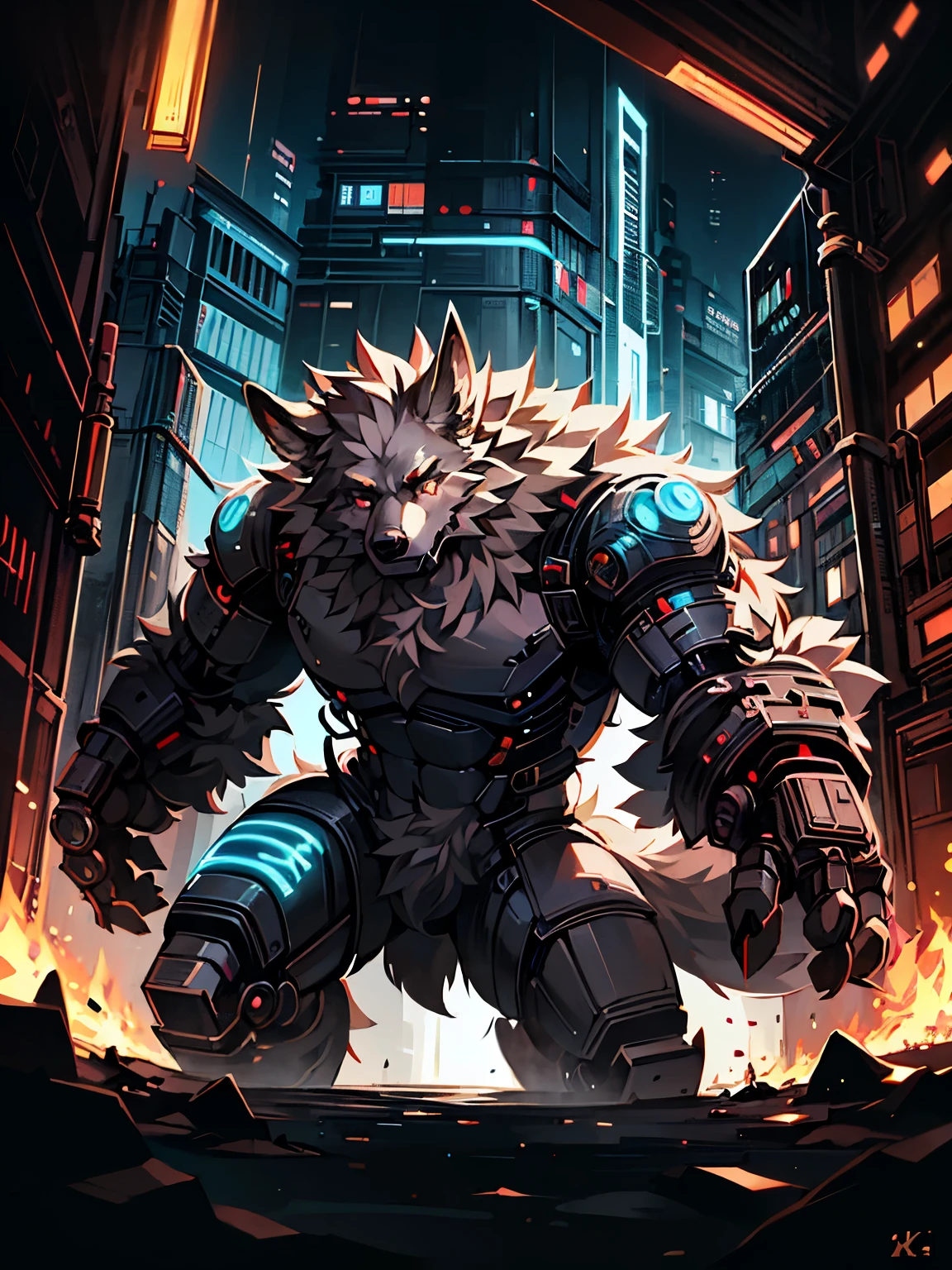 (best quality,4K,8k,high resolution,masterpiece:1.2),super detailed,actual,photoactual:1.37,Werewolf with prosthetics cyberpunk style actual scan, HD Surrealism combat Explanation: 1. (best quality,4K,8k,high resolution,masterpiece:1.2): Used to express high quality standards for generated images。 2. super detailed: Describing images needs to be very detailed，Show details clearly。 3. actual,photoactual:1.37: Description Generated images need to appear actual and photo-like。 4. Werewolf with prosthetics: Werewolves and prosthetics，This is the subject of the picture。Describe a mechanized werewolf，Features of prosthetics。 5. cyberpunk style: cyberpunk style，The artistic style used to describe the image。 6. HD Surrealism combat: Description picture HD、Surrealism、battle scene。 
