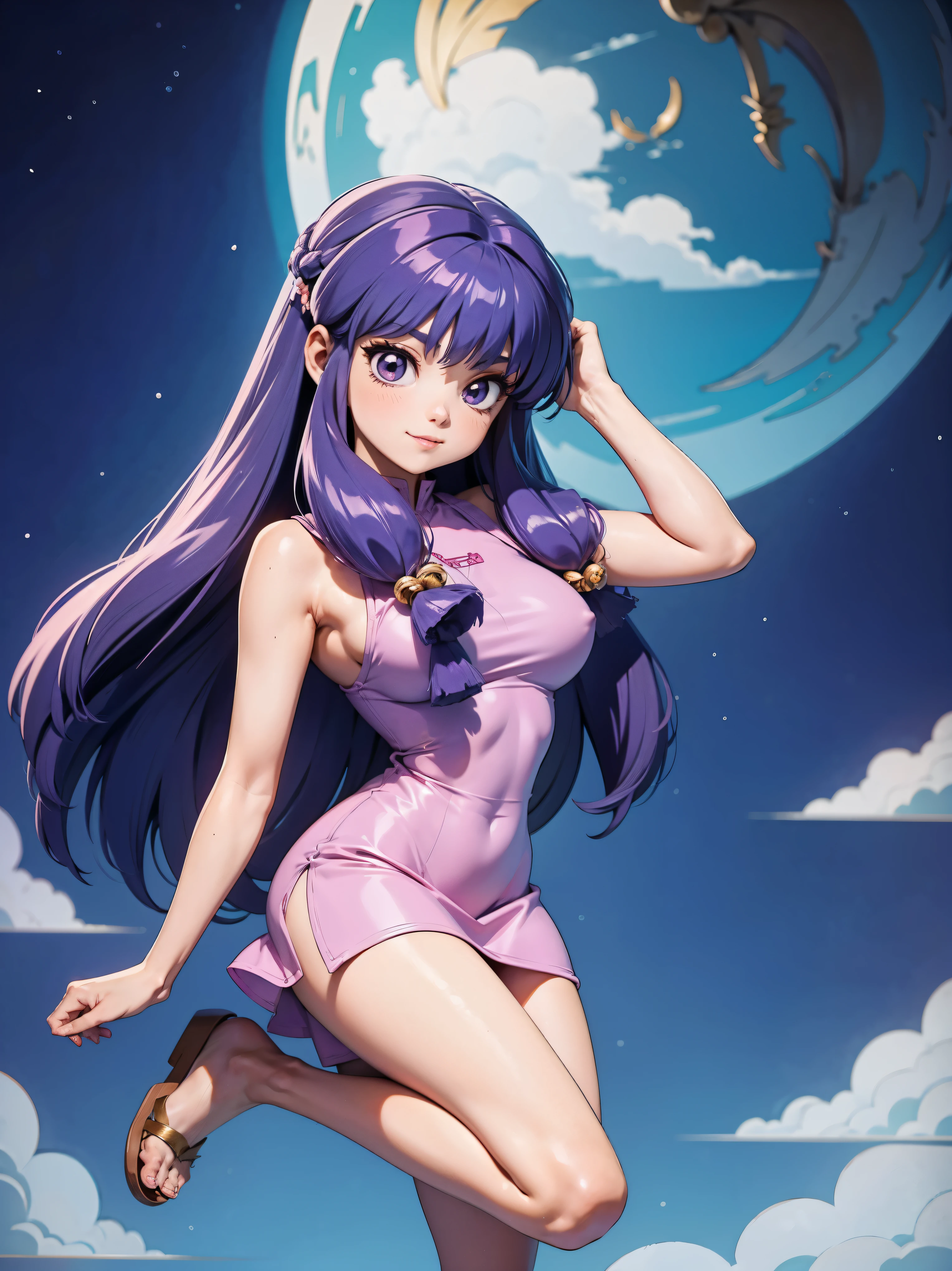 Anime girl smiling long purple hair, wearing sexy purple dress, 16 yrs old, hands in hair, WITH YOUR HANDS BEHIND YOUR HEAD, Body cute, breasts big, purple purple hair, long purple hair, sexy girl, purple hair long, gorgeous lighting, softshadows, blue colored eyes, pretty legs, hair with braid, anime styling, Personagrm Shampoo, Autora Rumiko Takahashi, Based on a work by Rumiko Takahashi, Anime Ranma 1/ 2, decote sexy, robust hip, fully body, complete body, Bust Big, young girl with beautiful and beautiful body, sandals on the feet, Young girl, with sexy purple dress, anime girl, anime styling, beautiful feet in sandals, viewing angle 45°, sexy gesture, big boobies, plein-air, big 