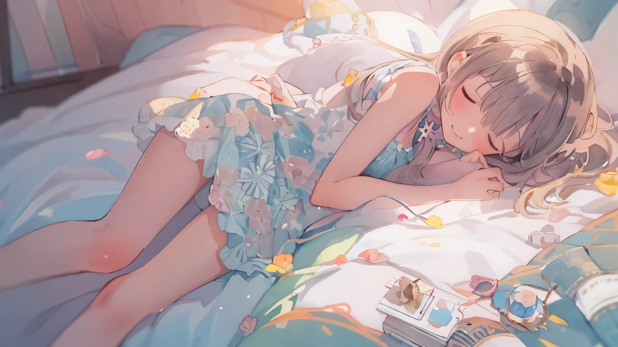 Chica anime acostada en la cama con un libro y una revista. - SeaArt AI