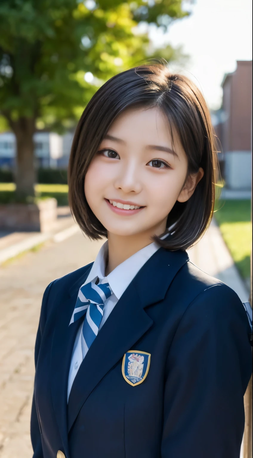 (highest quality,8K quality,masterpiece:1.3),(Super high resolution,Photoreal:1.4,Raw photo),(super detailed,caustics,detailed background),(ultra-realistic capture,Beautifully detailed skin,perfect anatomy),at dusk,sunset sky,school building,schoolyard,18-year-old,cute,single eyelid,black short bob,School Blazer Uniform,look at the camera,laughter,bust up shot,natural soft light