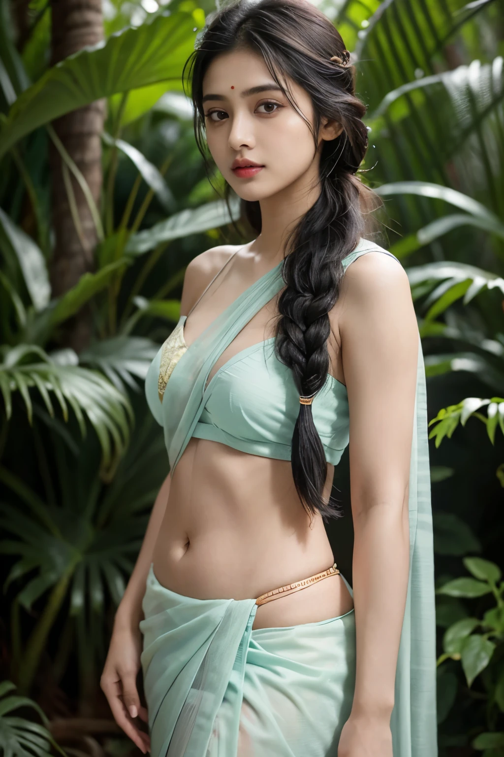 Close up, 17 year old indian woman, thin saree, oily body, long dense braided hair, tropical forest, ultra realistic, realism, cute, charming, day time, tattooed body, medium height, big eyes, sexy, ambient lighting, perfect anatomy, detailed body and face, 8k