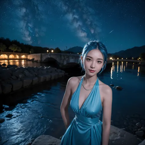 beautiful girl，Short blue hair on forehead，long blue braids，Super Recovery，standing on a stone bridge，early morning，It&#39;s get...