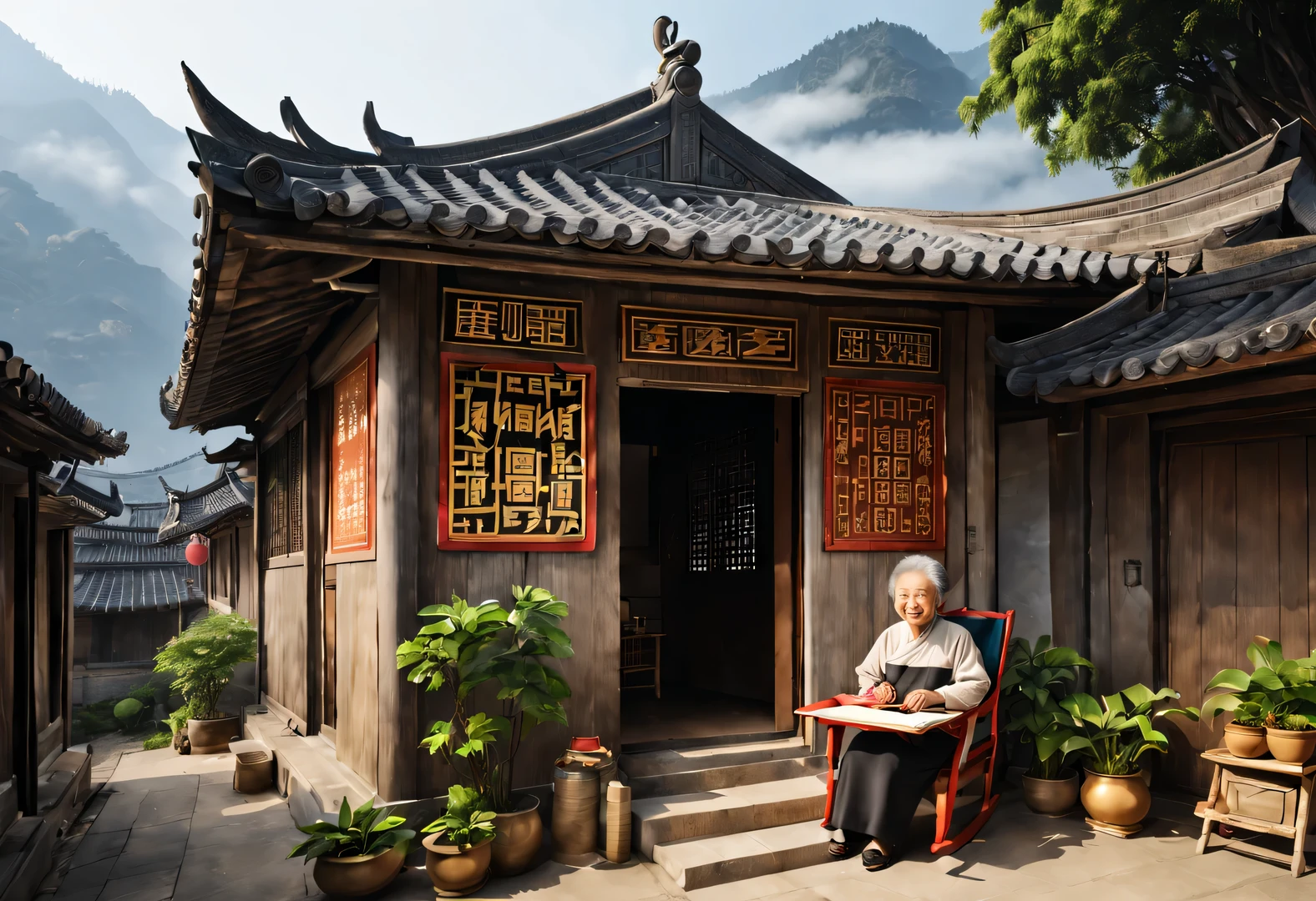 A small courtyard in rural China，There is an old wooden house inside，The cabin is a canteen，There are three words written on the door of the house &Quote;commissary&Quote; It says.，There is an old rocking chair outside the house，a chinese old lady, Wang Yumei, sitting in rocking chair，smiling，There are wooden shelves in the house，It’s stuffed with all kinds of snacks，The background is the mountains of Yunnan，shrouded in mist，aerial photography，illustration，fresh，peaceful，festive atmosphere，