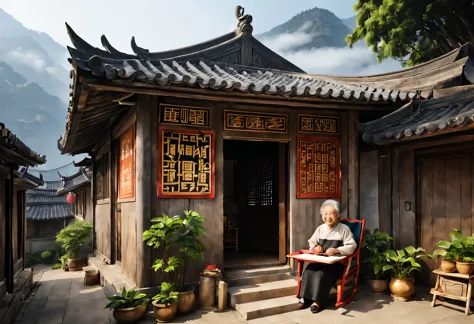 A small courtyard in rural China，There is an old wooden house inside，The cabin is a canteen，There are three words written on the...