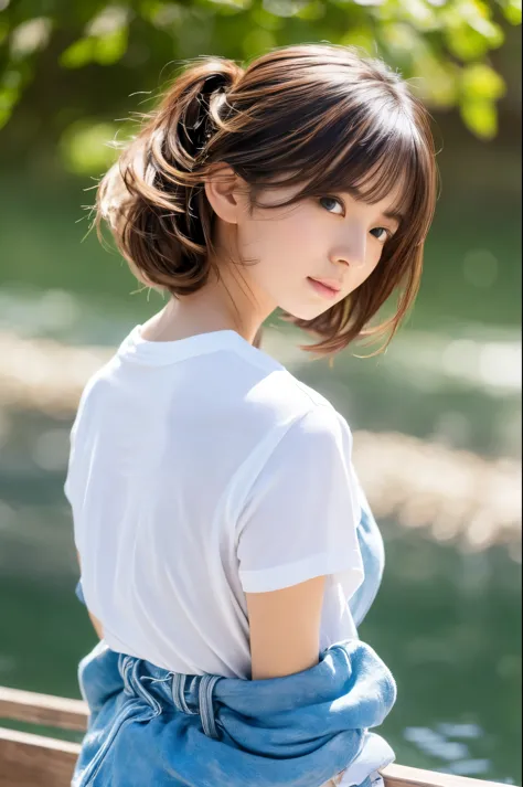 (8k, highest quality, masterpiece: 1.2), (hair_style), (realistic, photorealistic: 1.37), Skinny Japanese lady, 30 years old, plump eyes, highest quality, masterpiece, in the summer sunshine, sky and sea view, shot on wooden deck, [small breasts], backligh...