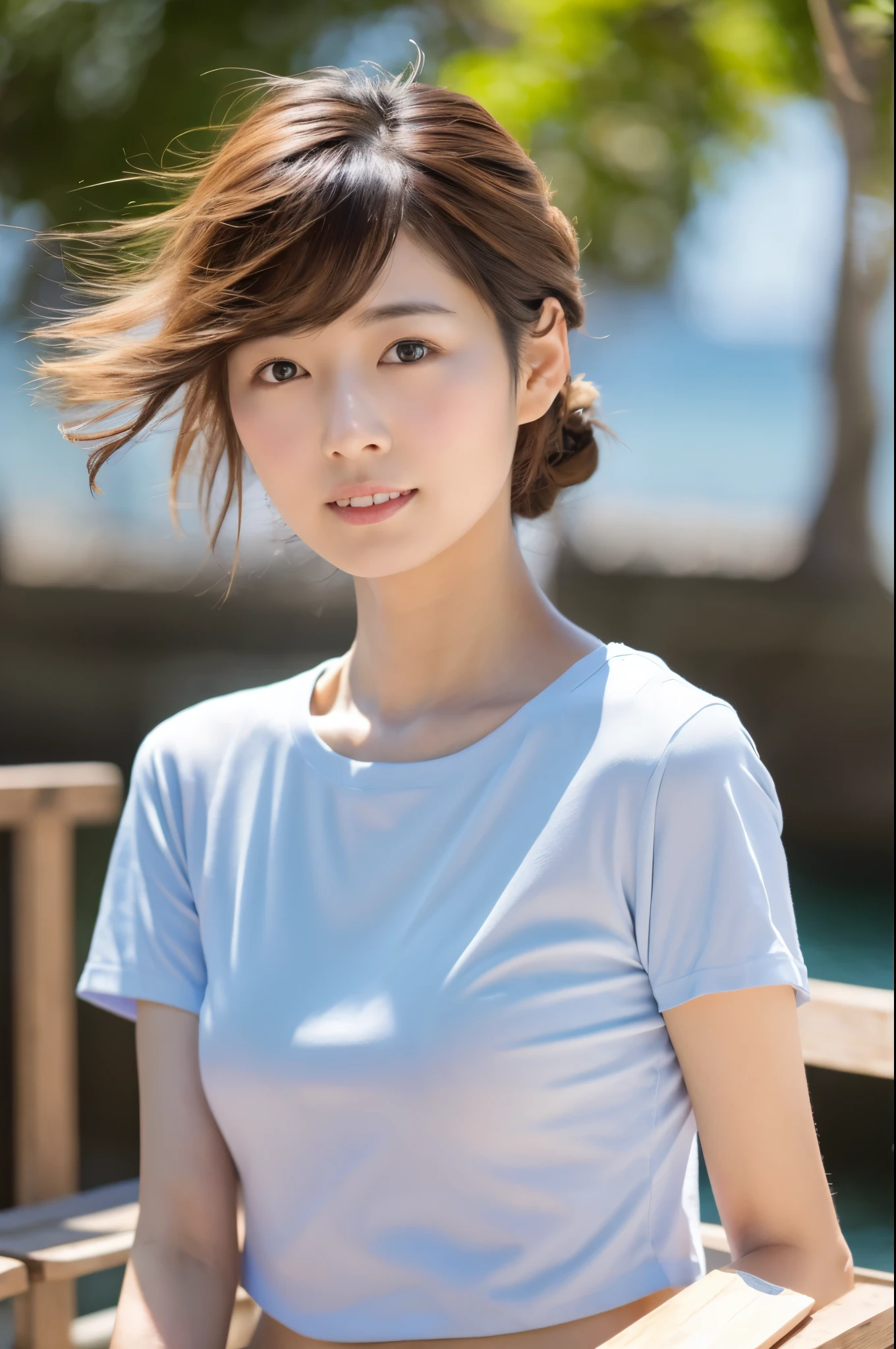 (8k, highest quality, masterpiece: 1.2), (hair_style), (realistic, photorealistic: 1.37), Skinny Japanese lady, 30 years old, plump eyes, highest quality, masterpiece, in the summer sunshine, sky and sea view, shot on wooden deck, [small breasts], backlight, shooting from the waist up, camera angle from bottom to top, pose with hair raked up with hands, shot in natural light from morning to noon, Hairstyles and fashion styles that match the Japan trends of 2023, realistic, super detailed, actress, Japanese model, elaborate CG, slender, adorable, hairstyle matches the fashion of Japan in 2023 layer cut that flutters in the wind, delicate skin type, fine details and softness, model hair color is bright and soft, Choose a short-length T-shirt that matches the summer trends of 2023 and pair it with pale pastel colors for surf fashion.