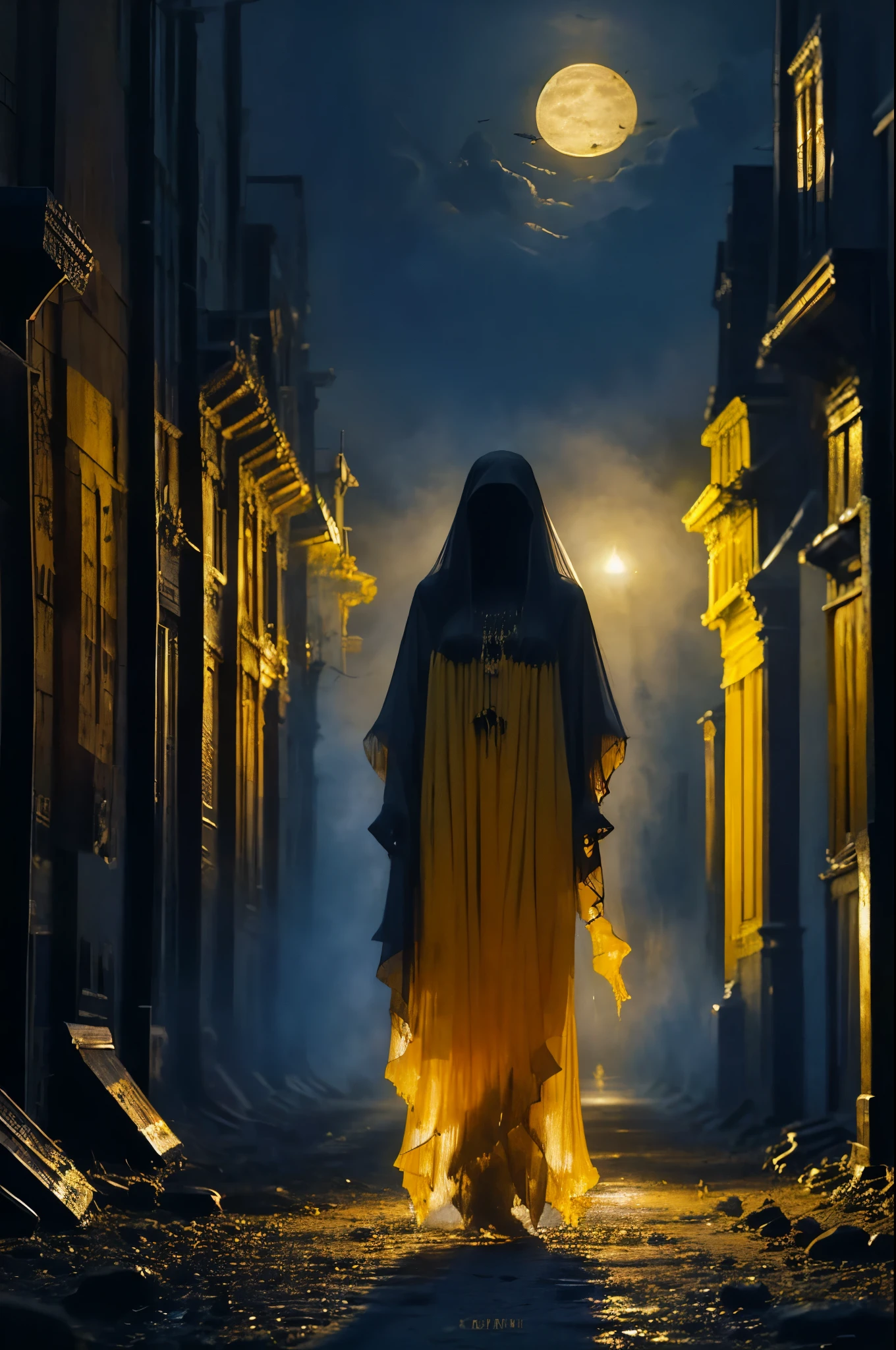 sorcière sombre Portrait, robe jaune birmane , sorcière noire, main fantôme porte le cercueil dans le cimetière, de beaux cheveux longs, Nuit de lune, cheveux noirs, veut mordre, tout le corps ,village au Myanmar Nuit sombre, honneur, tout le corps, art numérique