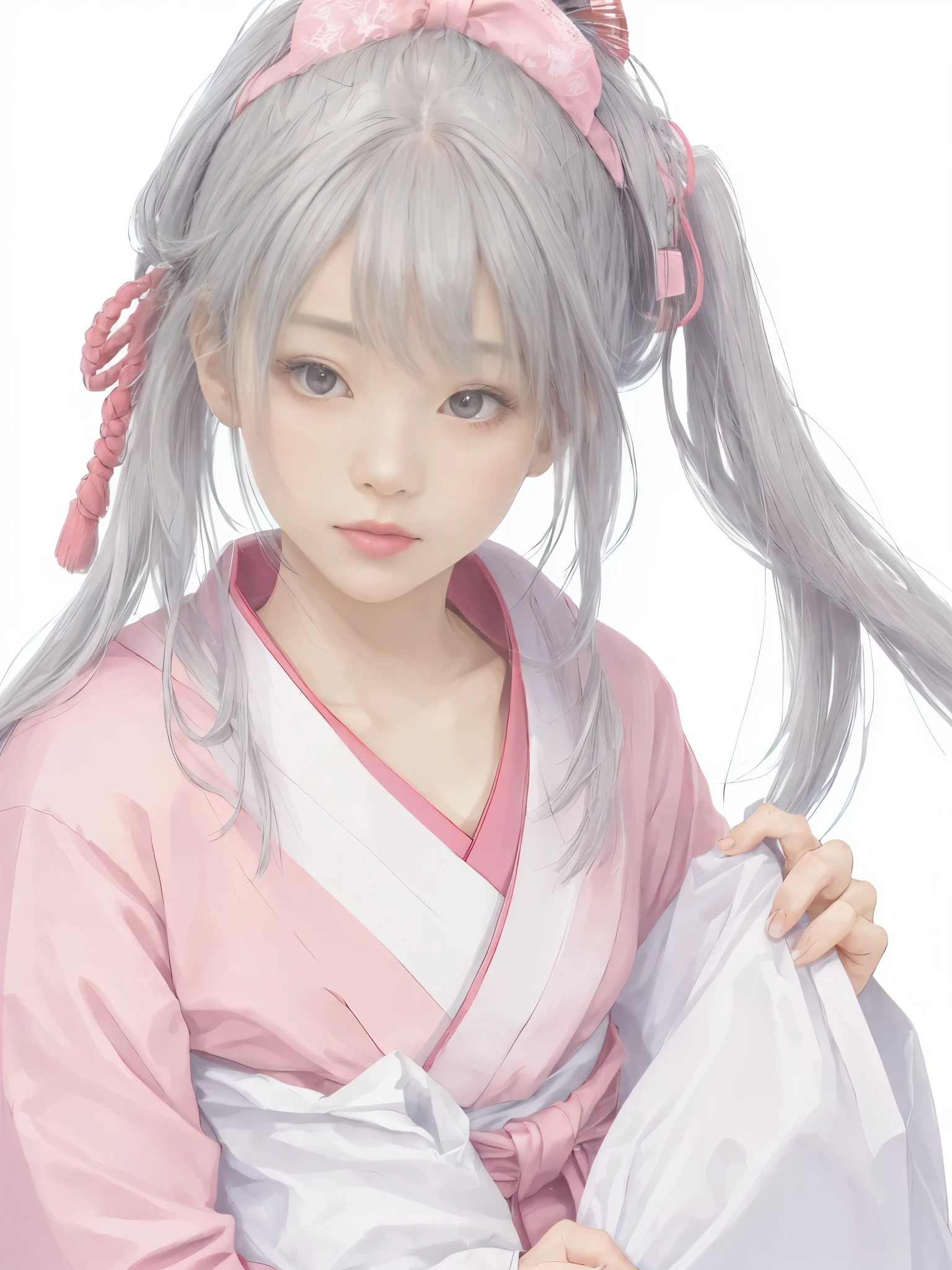 (((1 girl)))，masterpiece，highest quality，realistic，Upper body，long hair，gray hair，skin texture、beautiful japanese kimono、(band、pink:1.2)、Long hakama hem，milestone celebration，white background、pink coat,