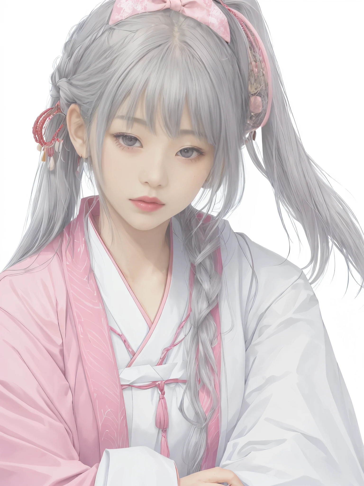 masterpiece，highest quality，realistic，1 girl，Upper body，long hair，gray hair，skin texture、japanese kimono、band締め、(band、pink:1.2)、milestone celebration，white background、pink coat,