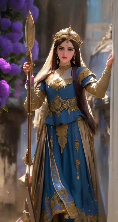 mulher arafa com um vestido roxo e uma roupa dourada e azul, como um personagem de fantasia medieval, cosplay ornamentado, maya ...