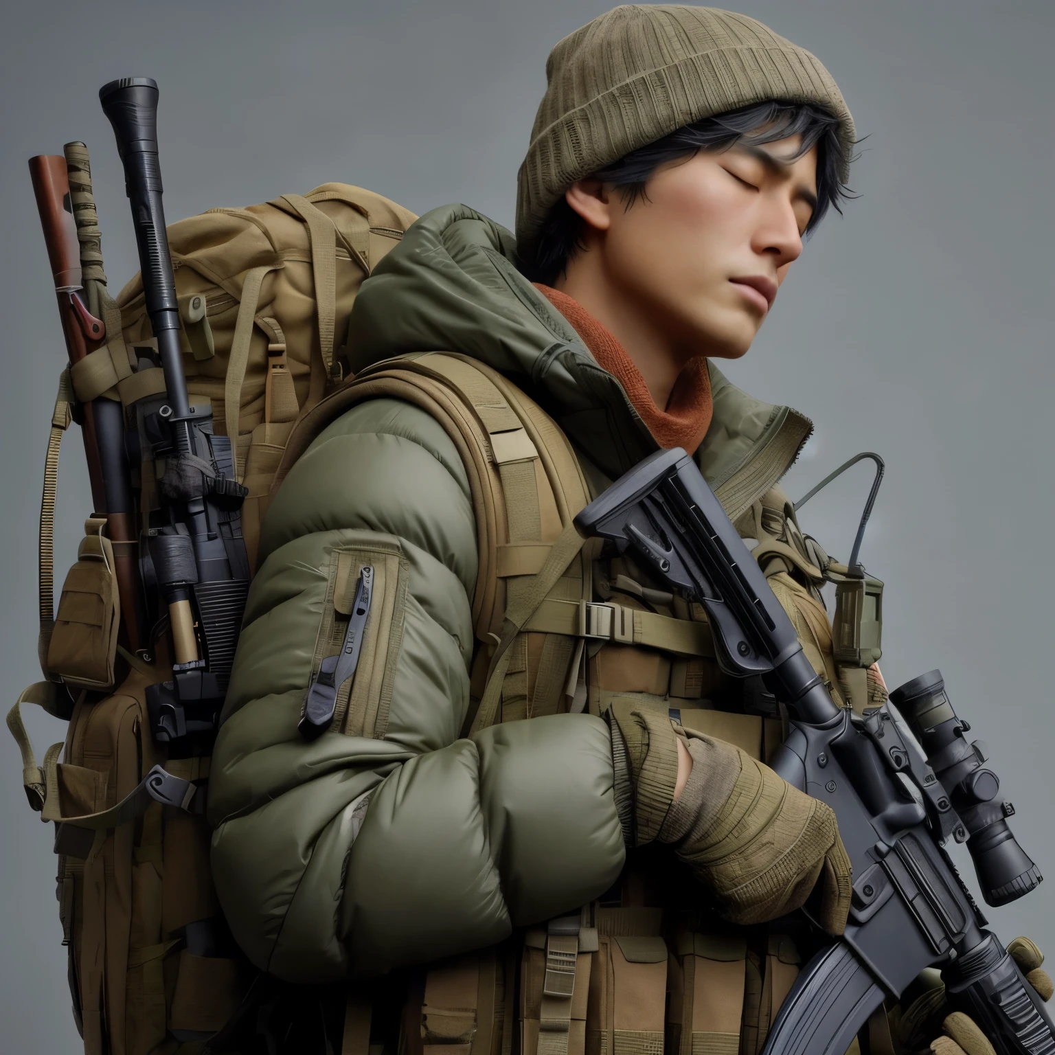 photorealistic、realistic skin texture、A beautiful Japanese woman who is a member of the American military　Skiing through the deep snow、I can see a high mountain in the distance、Backpack、Army Down Jacket、Knitted Cap、trekking poles、skiing、automatic rifle、bulletproof vest、moving action pose、face