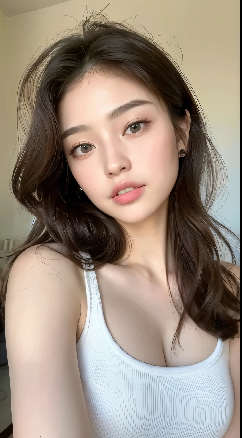 A close up of a woman with long hair wearing a white tank top - SeaArt AI