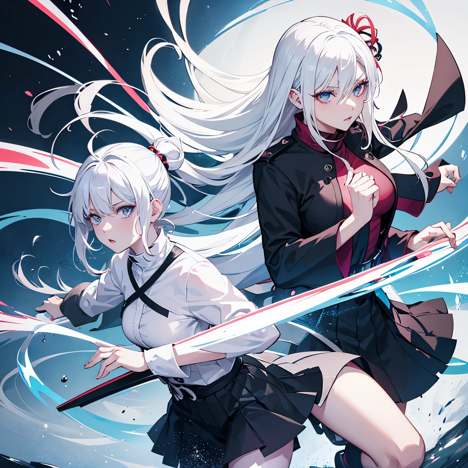 Anime girls with white hair and black clothes holding swords - SeaArt AI