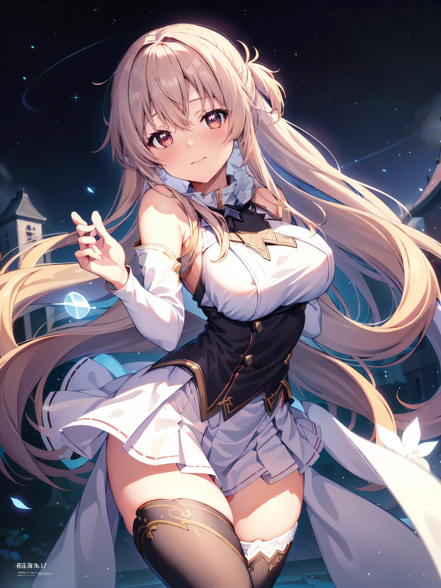 (1 girl),(high quality), (High resolution), (extremely detailed), (8K),(focus on lower body),(CG),female university student、beautiful girlfriend、magic knight costume、Magic Swordsman、Sorcerer、pleated skirt、sexy panties、(black knee high stockings:1.2)、(erect nipple shape)、No shoes、(neutral white lighting),sexy pose