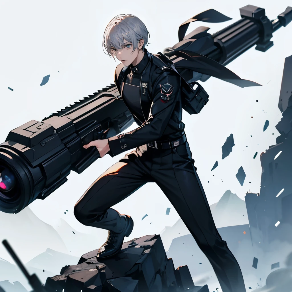 ((masterpiece,highest quality)), 4K, High resolution,  youth、male、man、Have a big gun、Pose holding a big gun、alone,whole body、wearing leather shoes、face is front、 sharp eyes、black pants suit、Standing picture、1 person only、つま先も見えているwhole body、Uplifting、whole body、hostile、movement to attack、slender、jumping sideways、silver hair、short hair、boy、There is no femininity、manly