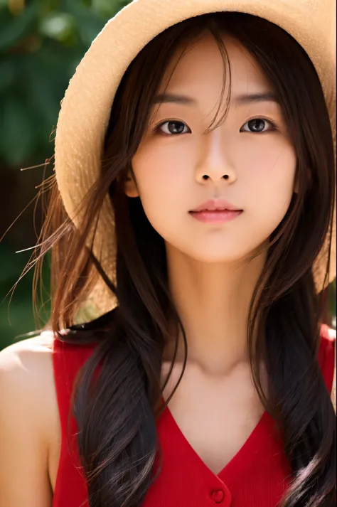 1 girl, skinny japanese lady, 30 years old, beautiful lips, detailed face, red tanktop, cowboy shot,