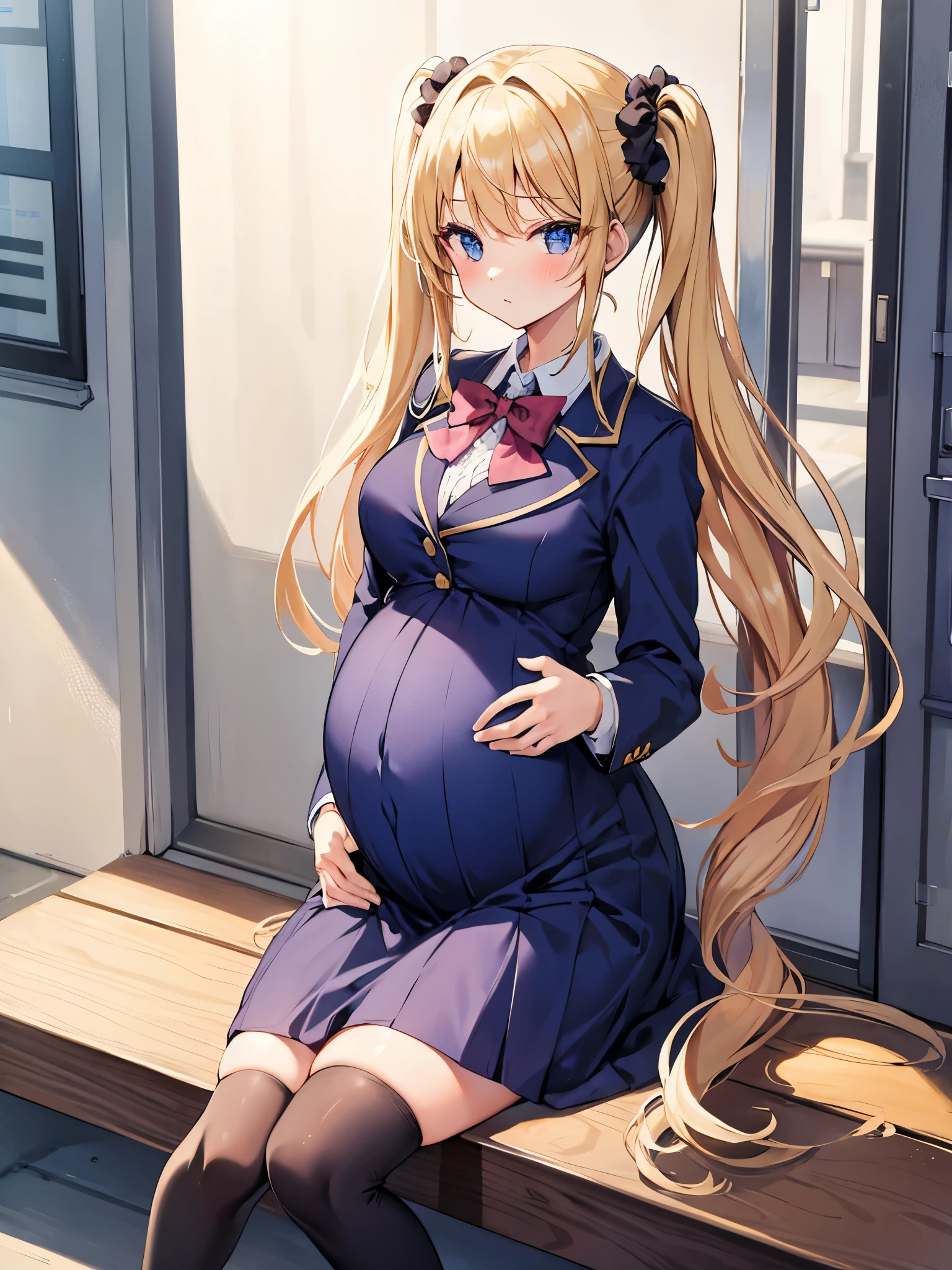 Anime pregnant woman sitting on a bench with her hands on her belly -  SeaArt AI