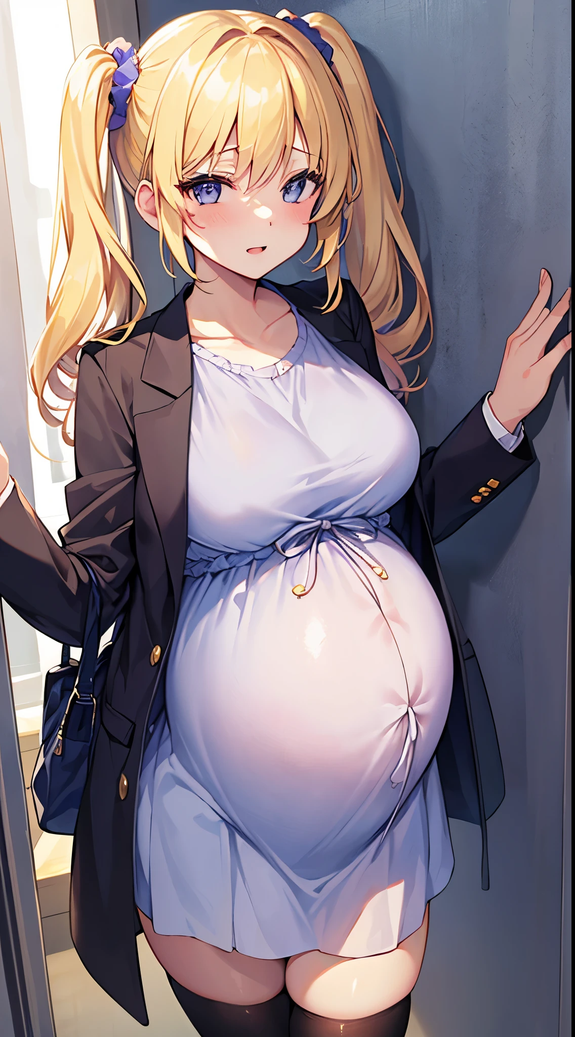 masterpiece, best quality,pregnant junior high school girl、1girl、
blonde hair,twintails hairstyle、Scrunchie decoration on hair、Confident face、
(matanity maxi dress,ridge knitting)、school-blazer-jacket、Thighhighs of black 、