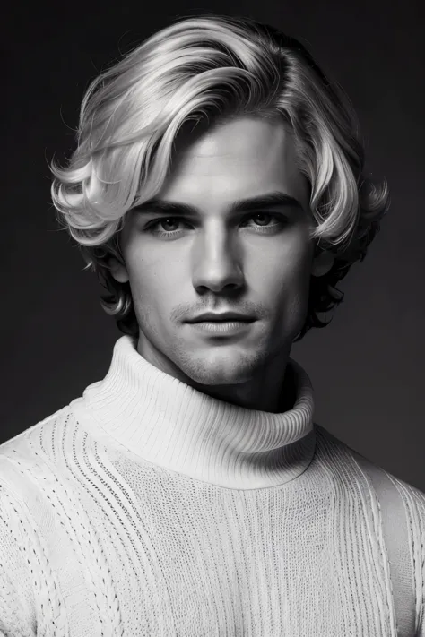 Photo-BW, Man-Picture, photomodel, bob hair,white curly hair, black sweater with turtleneck, grey background
Portrait-anfacial m...