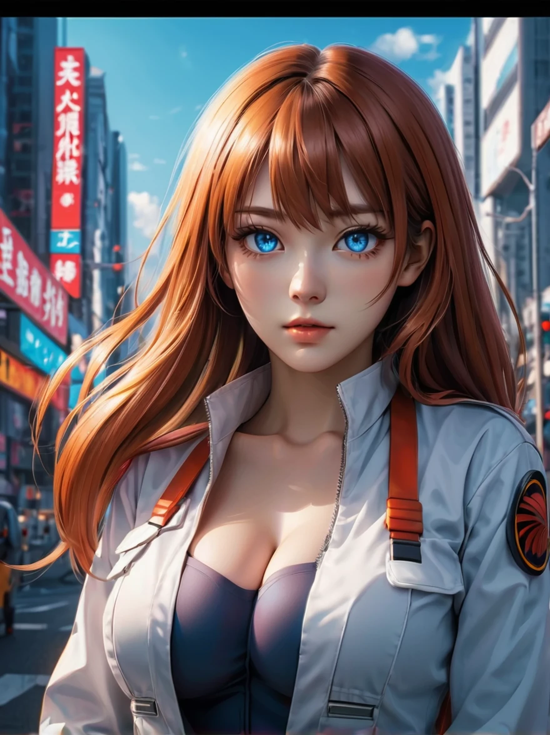 asuka langley sohryu, colorful neon lights, sharp focus, best quality, 4k, highres, (photorealistic:1.37), detailed realistic facial features, fiery red hair, intense blue eyes, determined expression, red pilot uniform, futuristic cityscape background, vibrant colors, (hyperrealistic), (illustration), (high resolution), (8K), (extremely detailed), (best illustration), (beautiful detailed eyes), (best quality), (ultra-detailed), (masterpiece), (wallpaper), (anatomically correct), (solo), (1 girl), (high detailed realistic hair), (heterochromic eyes), (detailed eyes), (sparkling eyes), (realistic big breasts:1.5), (exposed nipples breasts:1.35), (long legs), (slender abs), (dynamic pose), (closed tiny mouth:1.3), (nsfw), (concentrated expression)