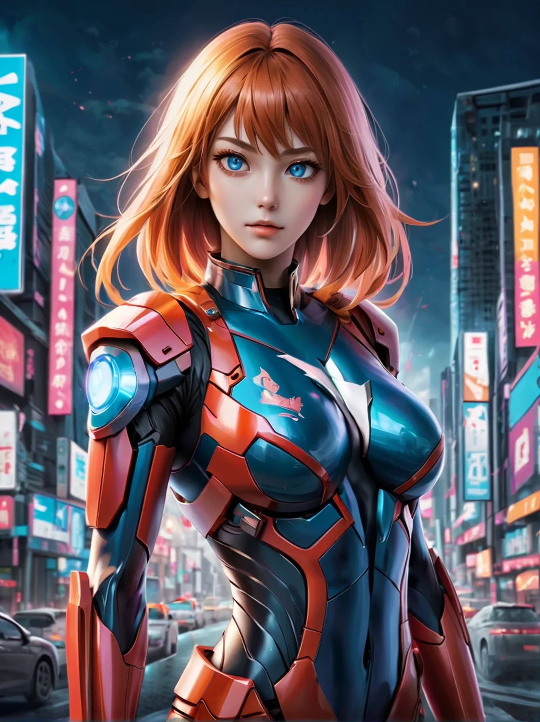 asuka langley sohryu, colorful neon lights, sharp focus, best quality, 4k, highres, (photorealistic:1.37), detailed realistic facial features, fiery red hair, intense blue eyes, determined expression, red pilot uniform, futuristic cityscape background, vibrant colors, (hyperrealistic), (illustration), (high resolution), (8K), (extremely detailed), (best illustration), (beautiful detailed eyes), (best quality), (ultra-detailed), (masterpiece), (wallpaper), (anatomically correct), (solo), (1 girl), (high detailed realistic hair), (heterochromic eyes), (detailed eyes), (sparkling eyes), (realistic big breasts:1.5), (exposed nipples breasts:1.35), (long legs), (slender abs), (dynamic pose), (closed tiny mouth:1.3), (nsfw), (concentrated expression)