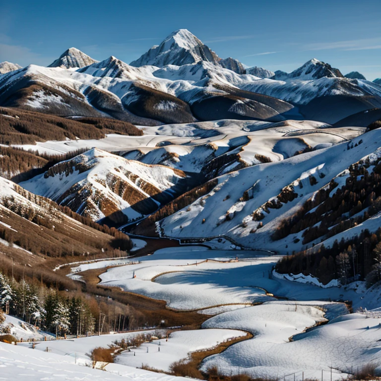 
Realistic snowy mountain landscape. Majestic peaks. Pristine snow. Crisp air. By landscape artist.