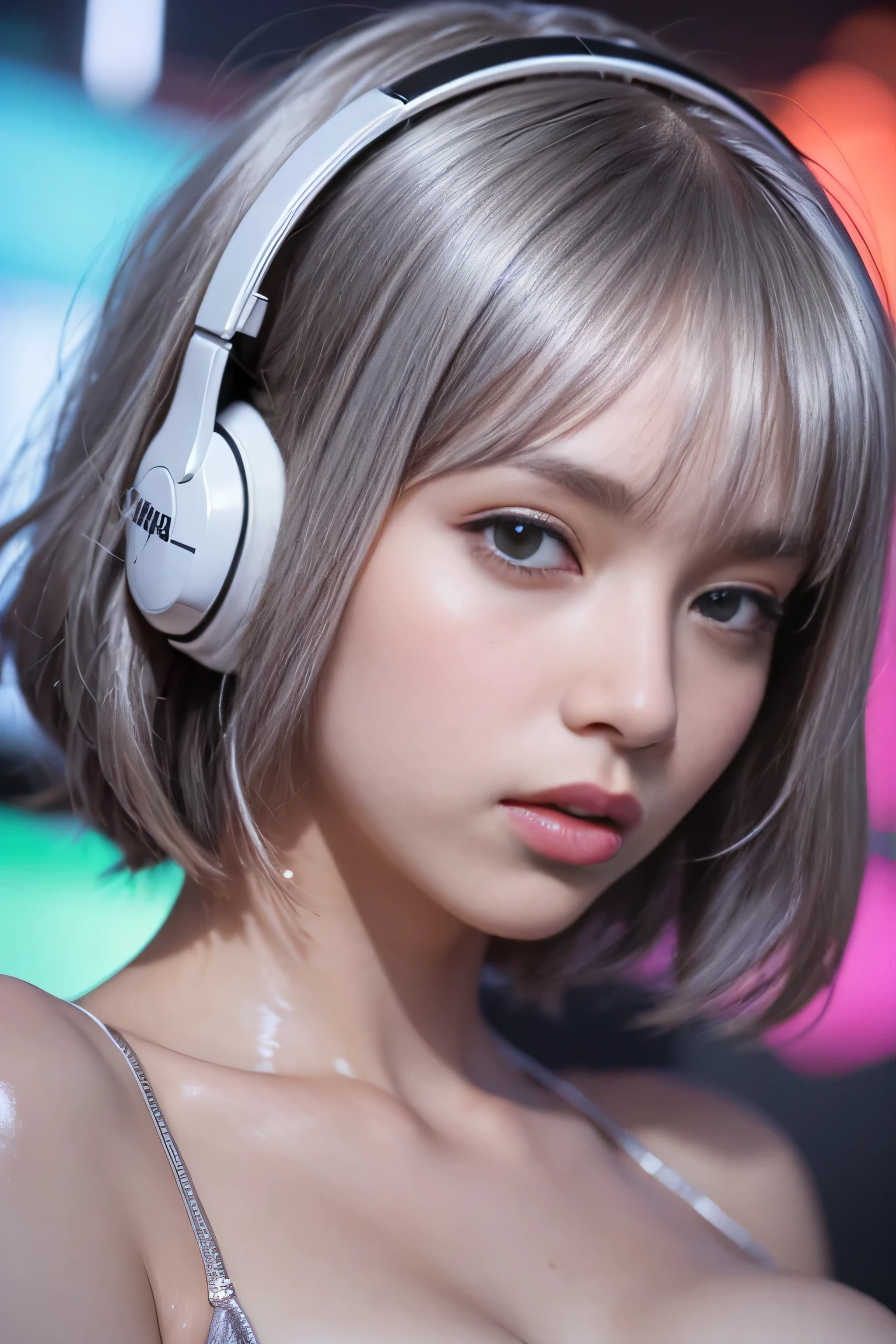 highest quality、masterpiece、ultra high resolution、(Photoreal:1.4)、RAW photo、(A girl tied to a mechanical device)、13 years、((Shining platinum silver short cut hair:1.4))、White headset, embarrassed look、glowing skin、(black tattoo on chest:1.4), ((Super realistic details))、portrait、global illumination、Shadow、octane rendering、8K、super sharp、big breasts、cleavage、(Underbust of exposed raw skin:1.4)、(White latex micro bikini without strings:1.4)、Upper Arm Chain、very intricate details、realistic light、Trends in CG society、purple eyes、shining eyes、towards the camera、neon details、sit on top、futuristic hair ornament、gundam、small led lamp、purple neon lighting、green neon lighting、