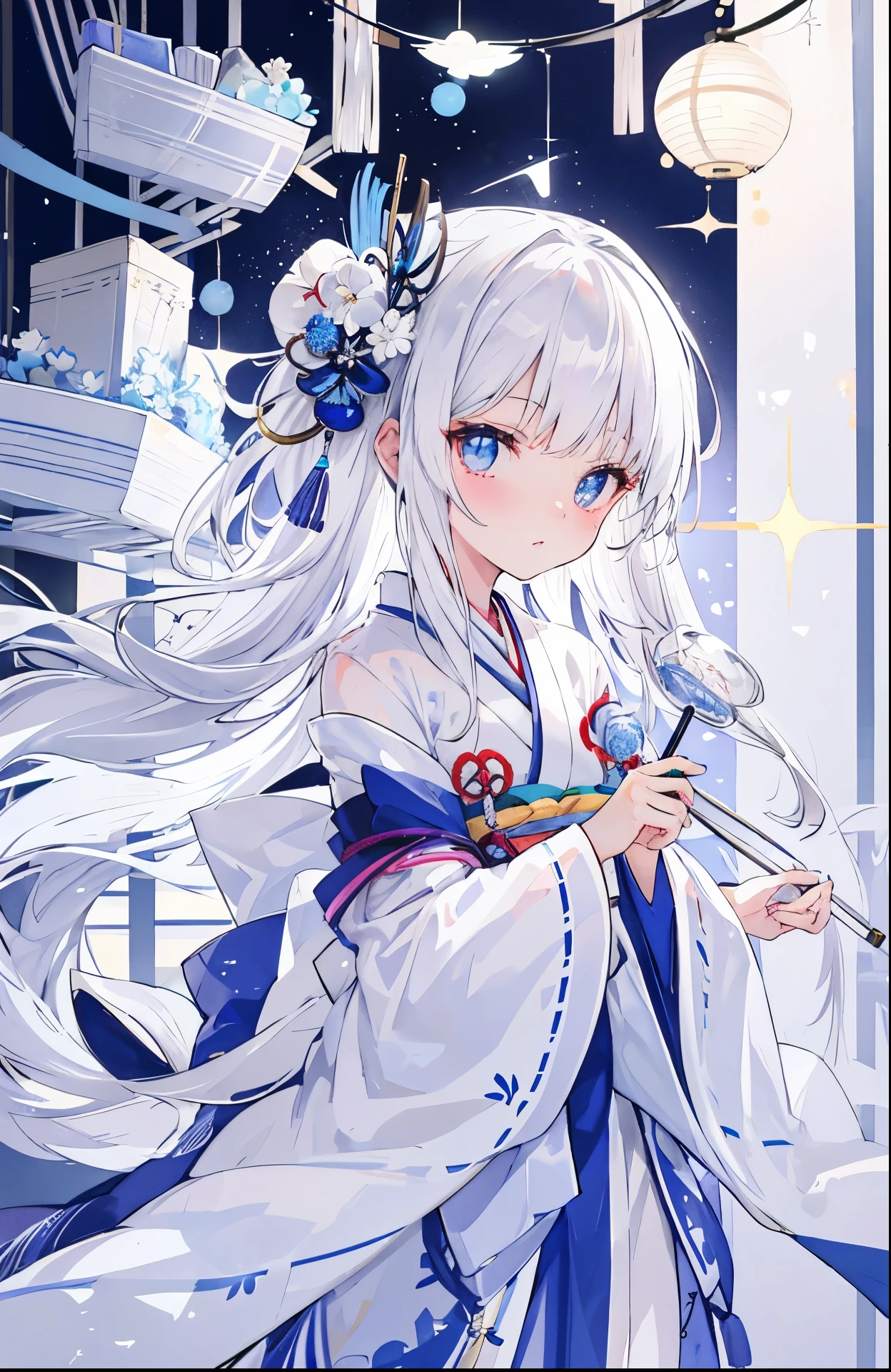 Anime girl with long white hair and blue eyes holding a pair of scissors -  SeaArt AI