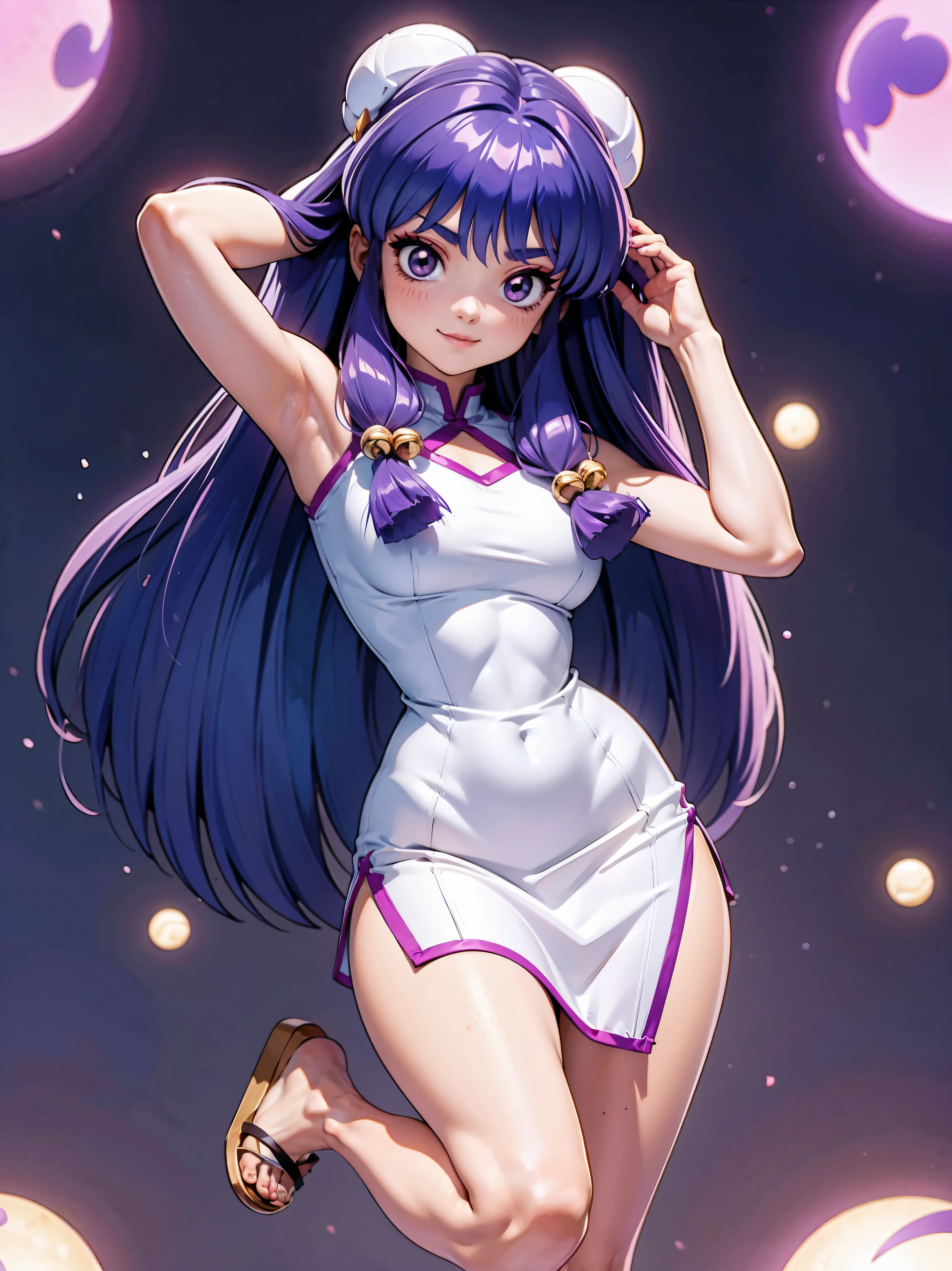 Anime girl smiling long purple hair, wearing sexy purple long dress, 16 yrs old, hands in hair, WITH YOUR HANDS BEHIND YOUR HEAD, Body cute, breasts big, purple purple hair, long purple hair, sexy girl, purple hair long, gorgeous lighting, softshadows, blue colored eyes, pretty legs, hair with braid, anime styling, Personagrm Shampoo, Autora Rumiko Takahashi, Based on a work by Rumiko Takahashi, Anime Ranma 1/ 2, decote sexy, robust hip, fully body, complete body, Bust Big, young girl with beautiful and beautiful body, sandals on the feet, young short girl, with sexy purple long dress, anime girl, anime styling, beautiful feet in sandals, viewing angle 45°, sexy gesture, big boobies, plein-air, big , throwing kiss, throwing kiss