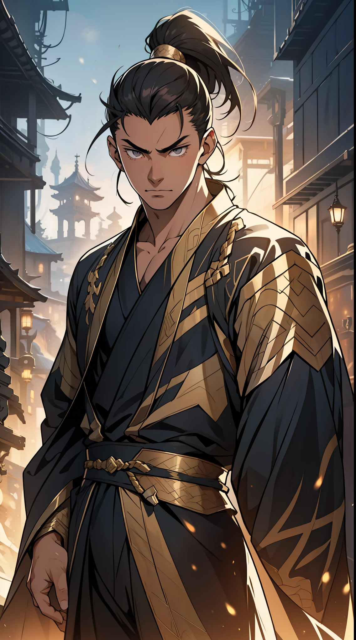 Two dimensions，anime style，one person（male warrior），proportions are correct，facial details，swordsman，high ponytail hairstyle，neck detail，Have an Adam&#39;s apple，Black and gold robe，joke，Black and gold robe，clothing details，Hand over，long sleeves，Game quality，fencing，Ray tracing，Ray tracing，Detailed glow，CG rendering，hair details，Long black and blond hair，Black-gold eyes，Handsome，Handsome，（Youthful feeling），Clothing is complicated，Perfect composition，refine，high quality，higher details，many details，Complex background，a sense of atmosphere，