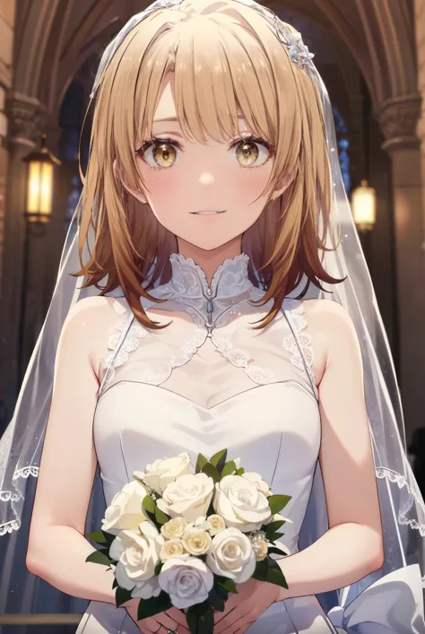 irohaisshiki, Isshiki Iroha,long hair, brown hair, (brown eyes:1.5), smile,Wedding dress、Wedding Skirts,veil,bouquet,両手でbouquetを...