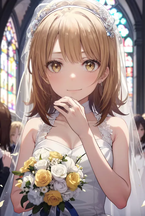 irohaisshiki, Isshiki Iroha,long hair, brown hair, (brown eyes:1.5), smile,Wedding dress、Wedding Skirts,veil,bouquet,両手でbouquetを...