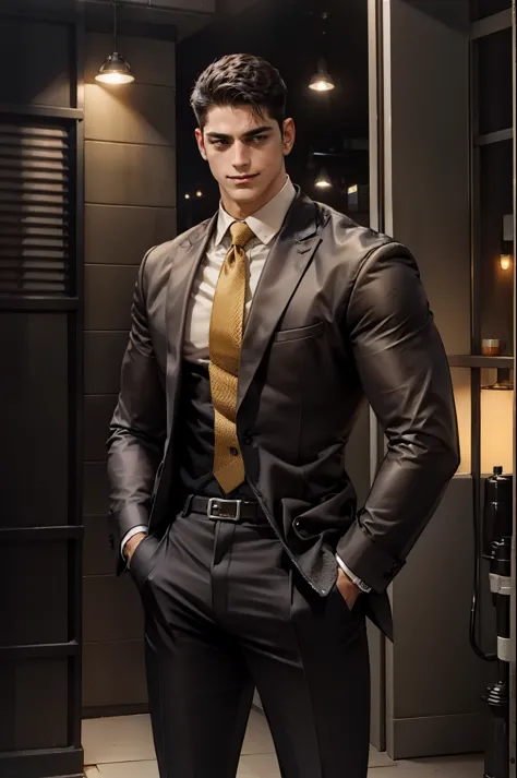 1 male, Big back, comb hair back, short hair, robust, Slight smile, 26 years old, This man is gentle and gentle, Hair spray, shiny hair, Suit, tall, tie, seven clones, belt, black pants, hands in pockets, street, masterpiece, best quality, ccurate, anatomi...