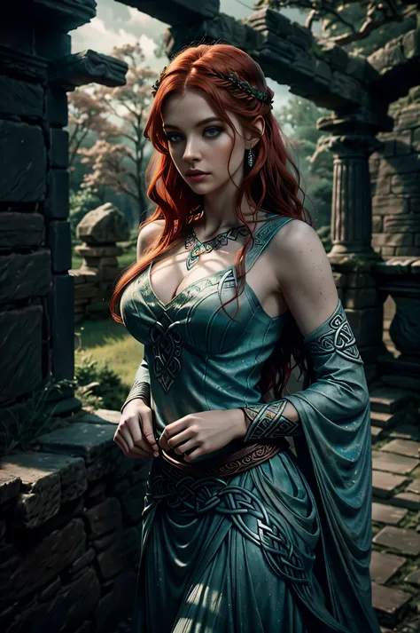 celtic warrior woman, stone ruins, tall and slender, big blue eyes, long wave red hair, red lips, flowing dress with celtic knot...