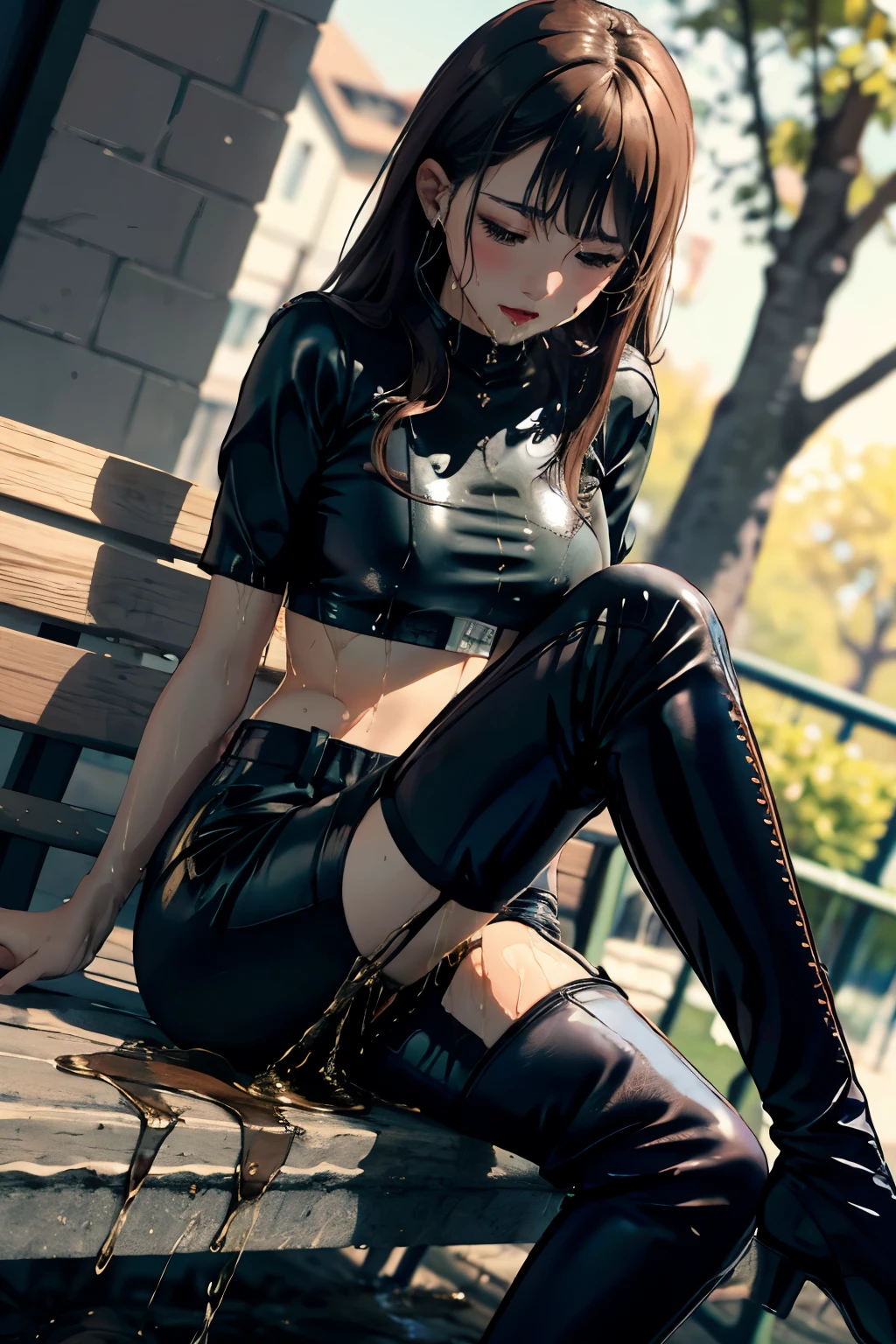 highres, beautiful women, high detail, good lighting, lewd, hentai, (no nudity), ((((wet bike shorts)))), ((tight leather top)), ((((leather thigh high boots)))), bare midriff, (wet pants), (((wetting herself))), (((peeing herself))), (((peeing self))), (pee streaming down legs), peeing stain, (puddle), (thick thighs), nice long legs, lipstick, detailed face, pretty face, pretty hands, embarrassed blushing face, humiliated, ((sitting legs crossed)), (sitting on a bench), hihelz