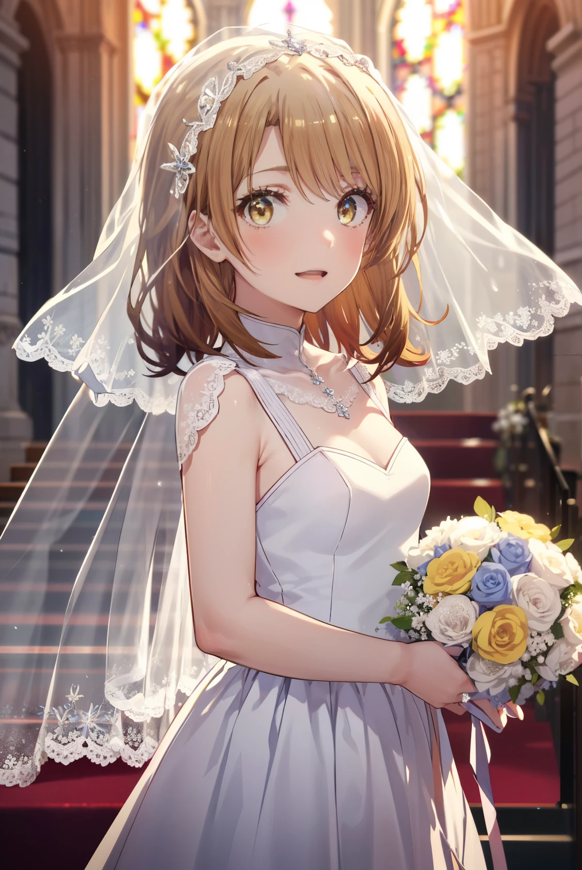 irohaisshiki, Isshiki Iroha,long hair, brown hair, (brown eyes:1.5),blush, smile,open your mouth,Wedding dress、Wedding Skirts,veil,bouquet,owns a large bouquet of flowers in both hands,大量の花束を投げている
break indoors, church,チャペル
break looking at viewer,Upper body, whole body,
break (masterpiece:1.2), highest quality, High resolution, unity 8k wallpaper, (shape:0.8), (beautiful and detailed eyes:1.6), highly detailed face, perfect lighting, Very detailed CG, (perfect hands, perfect anatomy),