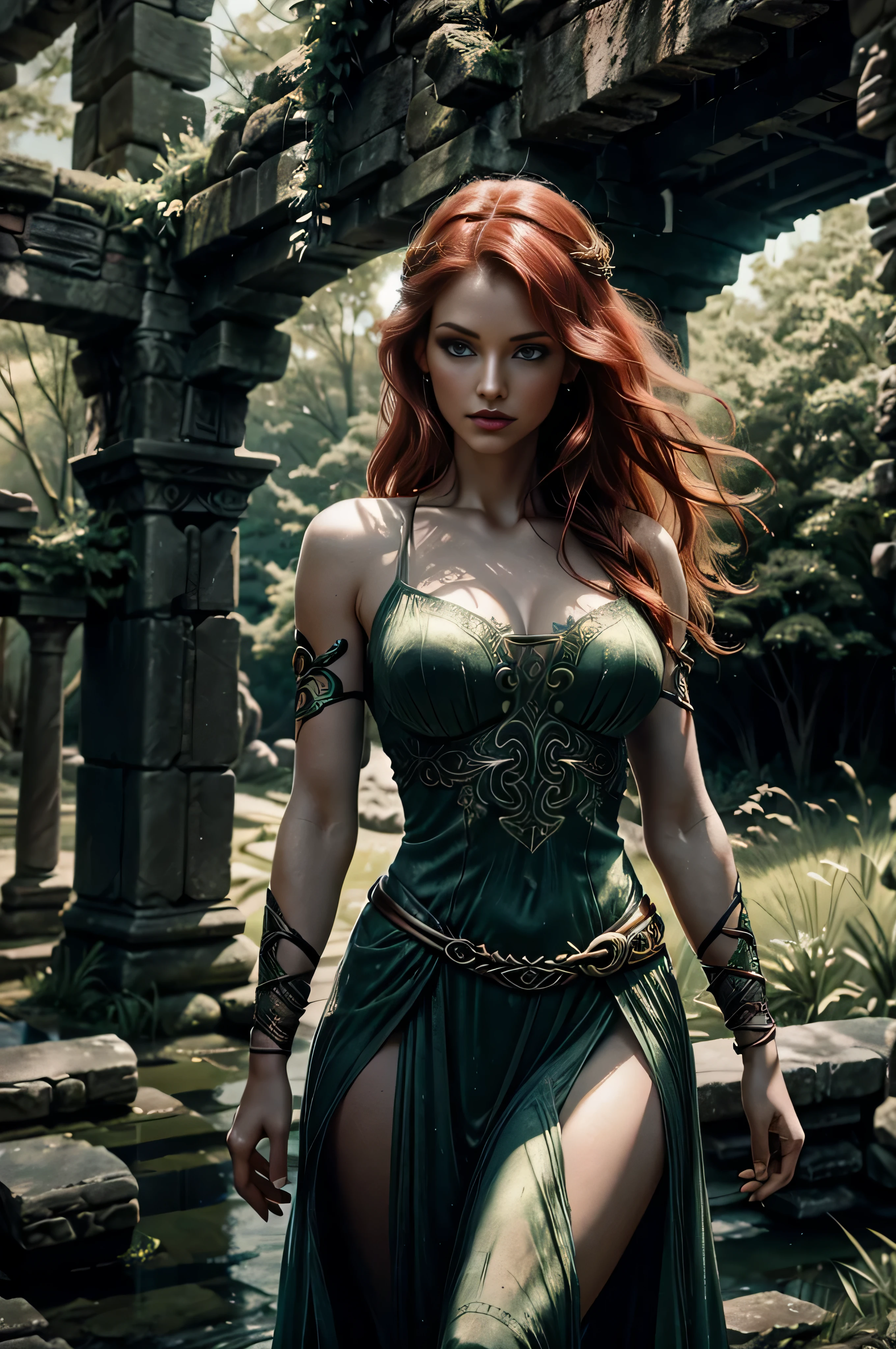 Celtic Warrior Woman, Stone Ruins, Tall and Slender, huge ruby green eyes, long wave red hair, red lips, Flowing Dress with Celtic Knot Jewelry, Procreate, Watercolor Technique, Poster Design, 300 DPI, Soft Lighting, Ethereal Art, Mysterious, Serene Expression, Enchanting Atmosphere, bokeh, photo, 8k, dark, dynamic action, pale washed out style, dreamy nostalgic, soft focus, dark vignetting, light leaks, medium photography, gloomy artistic painterly ethereal, whimsical, coarse grain photo