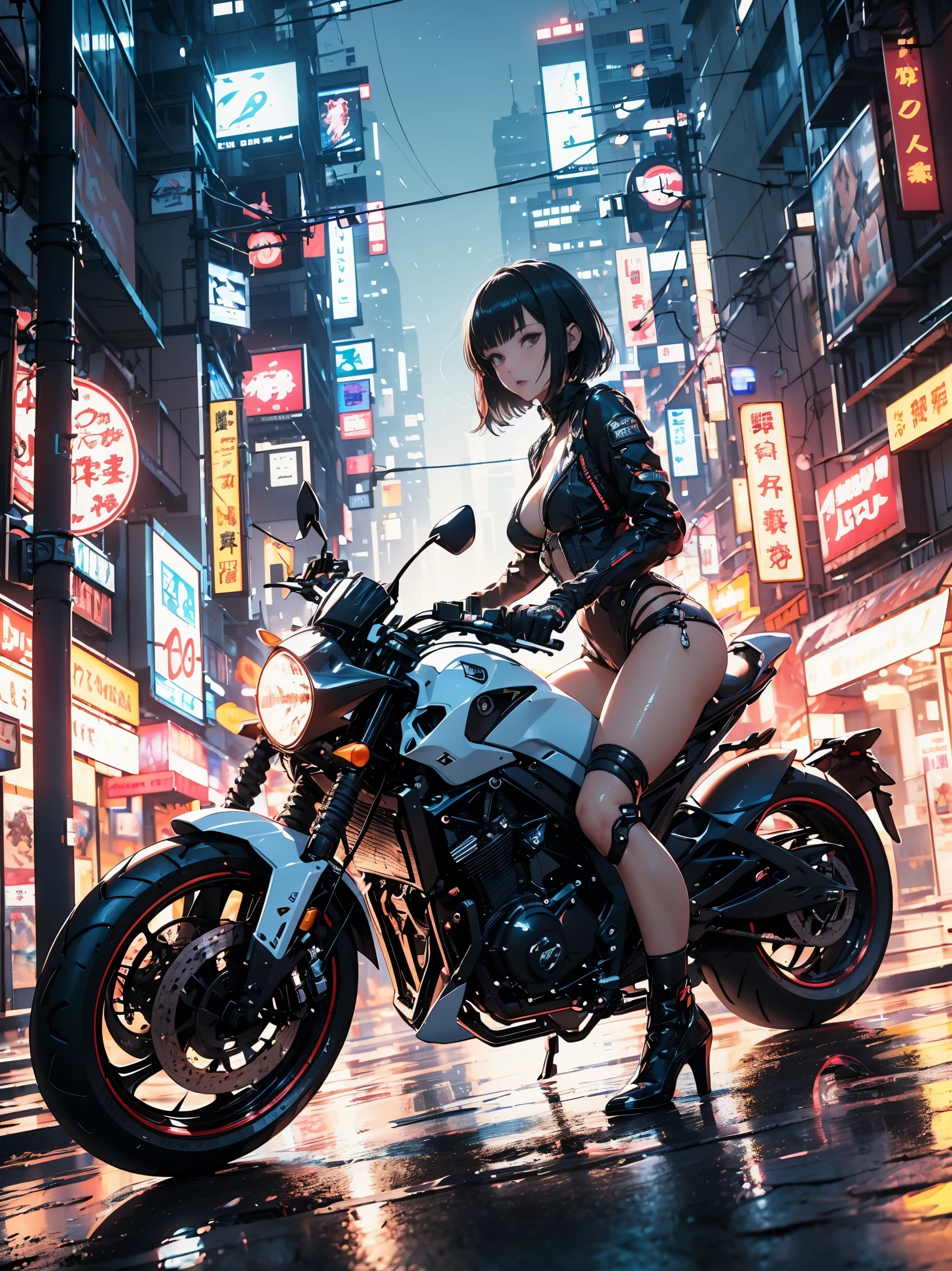 （Una cyborg femenina conduciendo una motocicleta.）（（（en 8K. ＨＤＲ.Hiperrealismo、obra maestra 1.2、wlop1、cinematográfico、Contenido detallado、Foto en vivo 1.2, La más alta calidad 1.2、 súper detallado、Muy detallado、sombreado perfecto、Toma de cuerpo entero en ángulo bajo 1.2、1 foto、Foto comercial 1.2、50mm 、grano de la película、sf）））、（（（Cyborg corriendo en una motocicleta、）））(junta mecanica: 1.2),((extremidades mecánicas)),(vasos sanguíneos conectados a tubos),(vértebras mecánicas unidas a la espalda),((Conexión cervical mecánica al cuello) ), Inexpresivo, (alambres y cables unidos al cuello: 1.2), (alambre y cable de cabeza: 1.2), (Centrarse en el personaje), （traje de jinete、edificios en la noche、edificios en la noche、impresionante vista nocturna、Universo ciberpunk、conduce una motocicleta、conduce una motocicleta),, (Centrarse en el personaje、ángulo desde el lado)、（piel blanca、senos pequeños、pelo negro、bob corto、pelo bob、golpes）