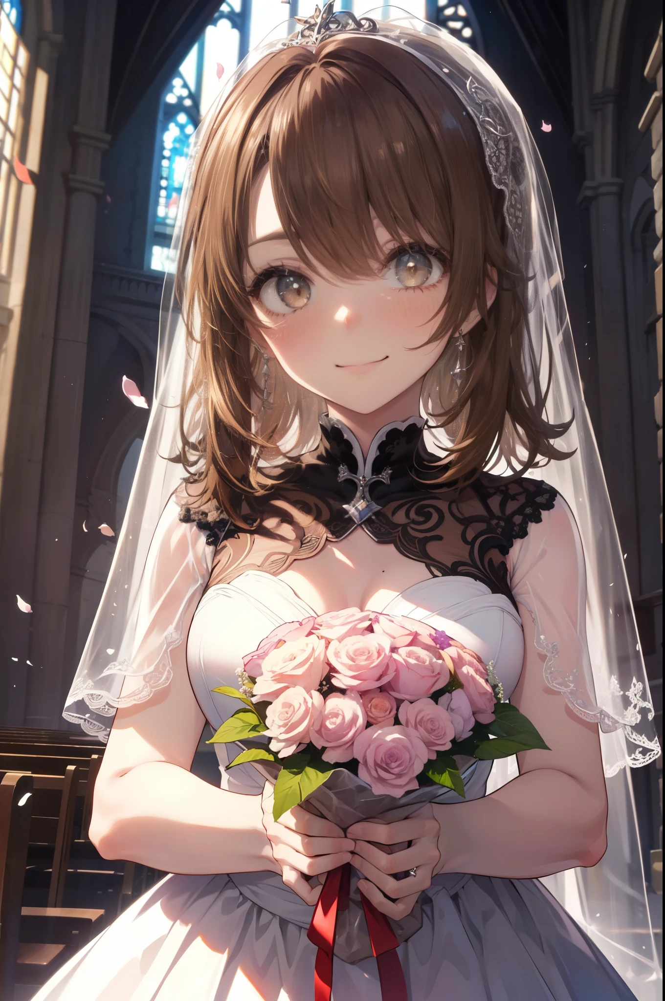 irohaisshiki, Isshiki Iroha, long hair to the waist, brown hair, (brown eyes:1.5), smile,blush,
wedding dress wedding skirt,veil,bouquet,holding a large bouquet of flowers in both hands,Throwing a large bouquet of flowers with both hands,
destroy indoors, church,Breaking the chapel looking at viewer,Upper body,whole body,Peek from above and destroy (masterpiece:1.2), highest quality, High resolution, unity 8k wallpaper, (shape:0.8), (beautiful and detailed eyes:1.6), highly detailed face, perfect lighting, Very detailed CG, (perfect hands, perfect anatomy),