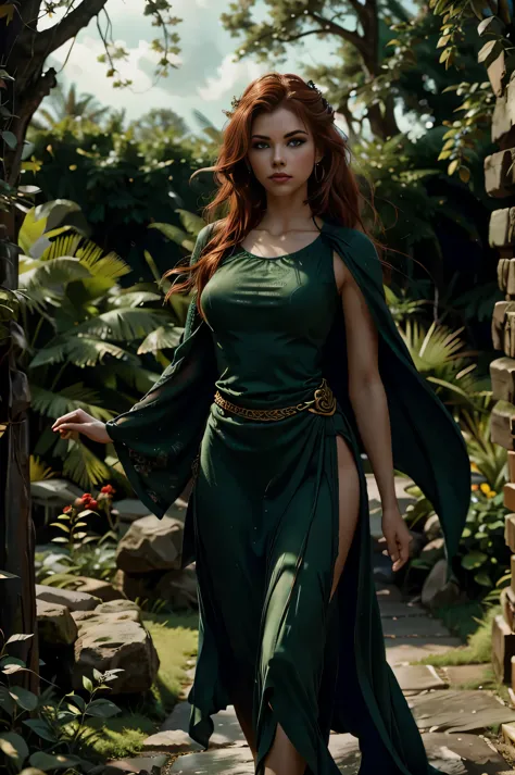 full body Celtic Warrior Woman, Stone Ruins, Tall and Slender, huge ruby green eyes, long wave red hair, red lips, Flowing Dress...