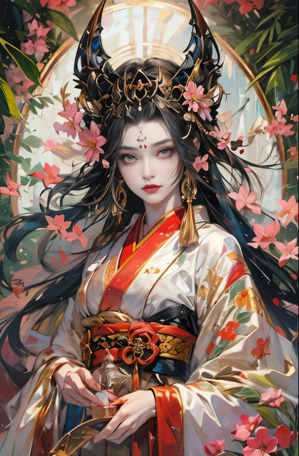 A painting of a woman in a kimono with flowers - SeaArt AI