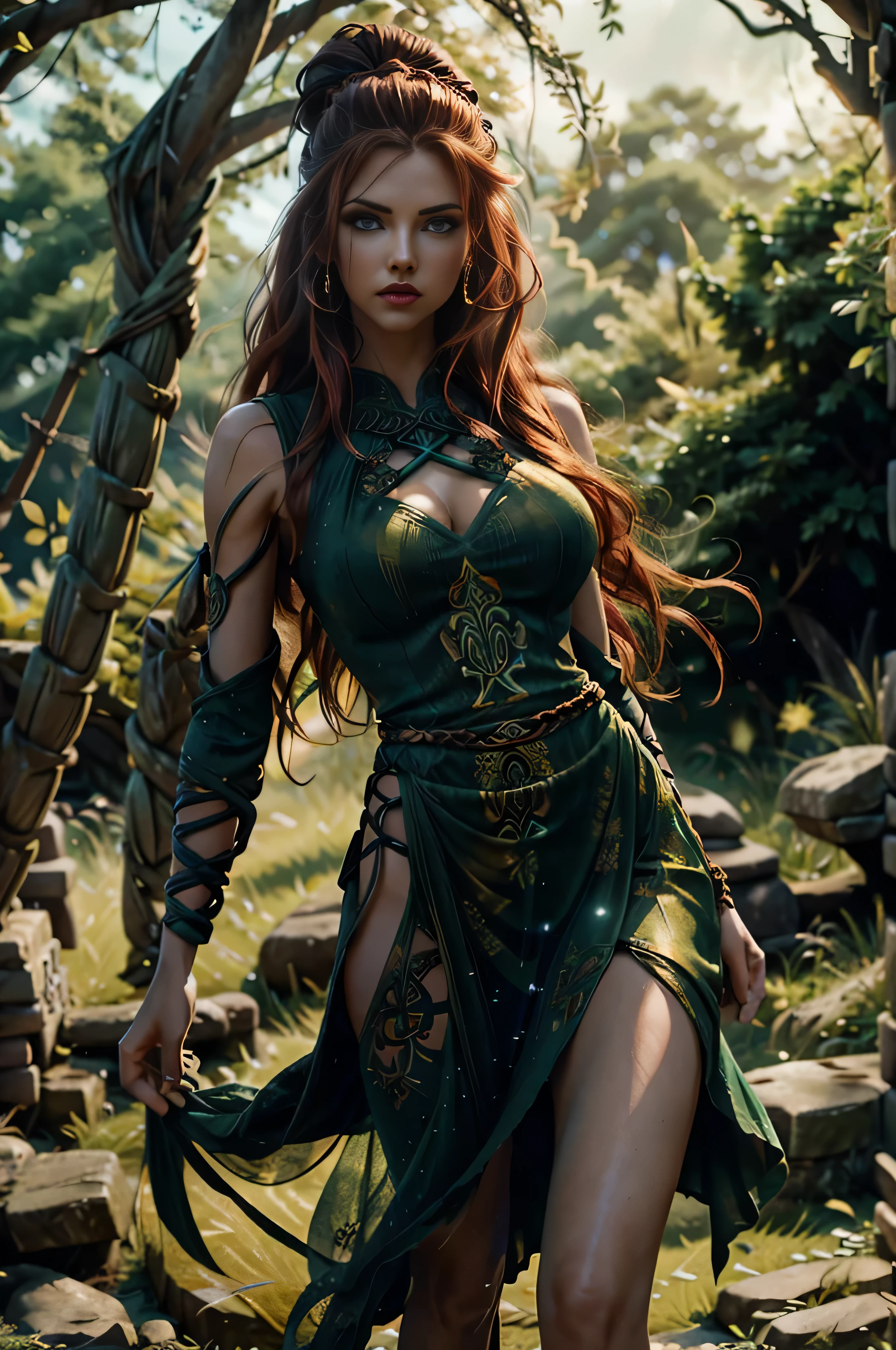 full body Celtic Warrior Woman, Stone Ruins, Tall and Slender, huge ruby green eyes, long wave red hair, red lips, in a in a transparent yellow tight long dress with Celtic Knot Jewelry, barefoot in the grass, Procreate, Watercolor Technique, Poster Design, 300 DPI, Soft Lighting, Ethereal Art, Mysterious, Serene Expression, Enchanting Atmosphere, bokeh, photo, 8k, dark, dynamic action, pale washed out style, dreamy nostalgic, soft focus, dark vignetting, light leaks, medium photography, gloomy artistic painterly ethereal, whimsical, coarse grain photo