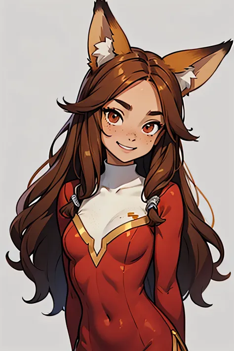 (best quality), 1girl, female, honey toned skin, chestnut hair, long hair, slightly wavy hair, brown eyes, expressive eyes, freckles, red clothes, , slender, small bust, grin, (fox ears), masterpiece, anatomically correct, highres
