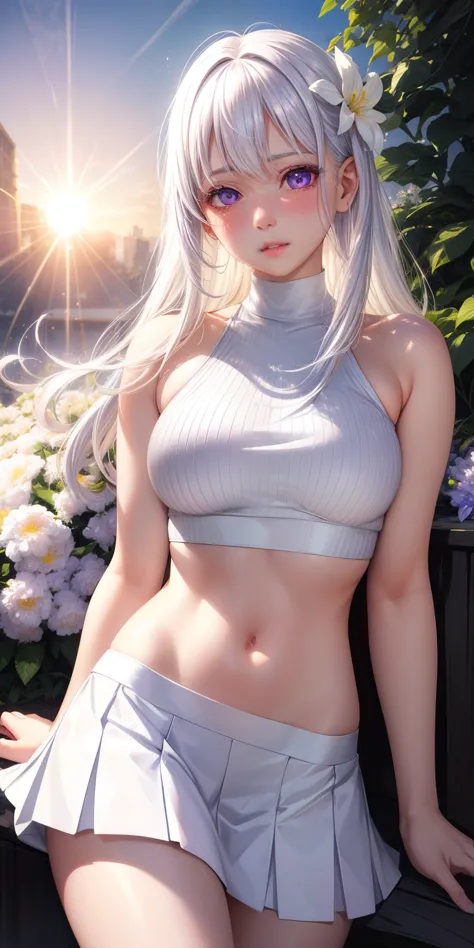 realistic, 1 girl, white hair, purple eyes, shining eyes, crop top, skirt, chapped lips, blush, nighttime, flower, sun, sunlight...