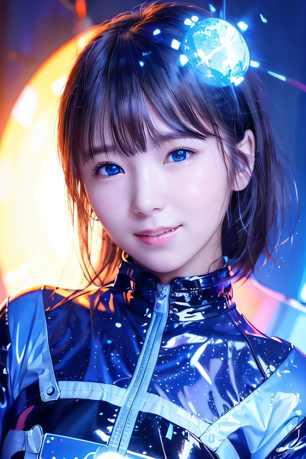 ８K, portrait, portrait, (alone), masterpiece, highest quality, blue glowing plasma ball、 (((slim)))、flat body、、cute、round face、、((close-up of face photo))、blue interface、lazy smile、(shining blue eyes)