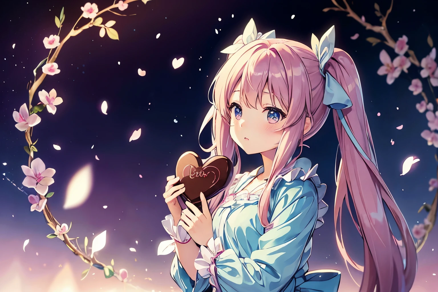 Orchid Flower Garden((photograph)).light blue long hair、twin tails、anime girl with big chocolate for valentine、ribbon, holding chocolate in hand、anime moe art style,cute lolita costume、 Cute girl anime visual, small change girl, anime food,  change, change, cute anime girl, best anime 4k, everyone, anime style 4k, 