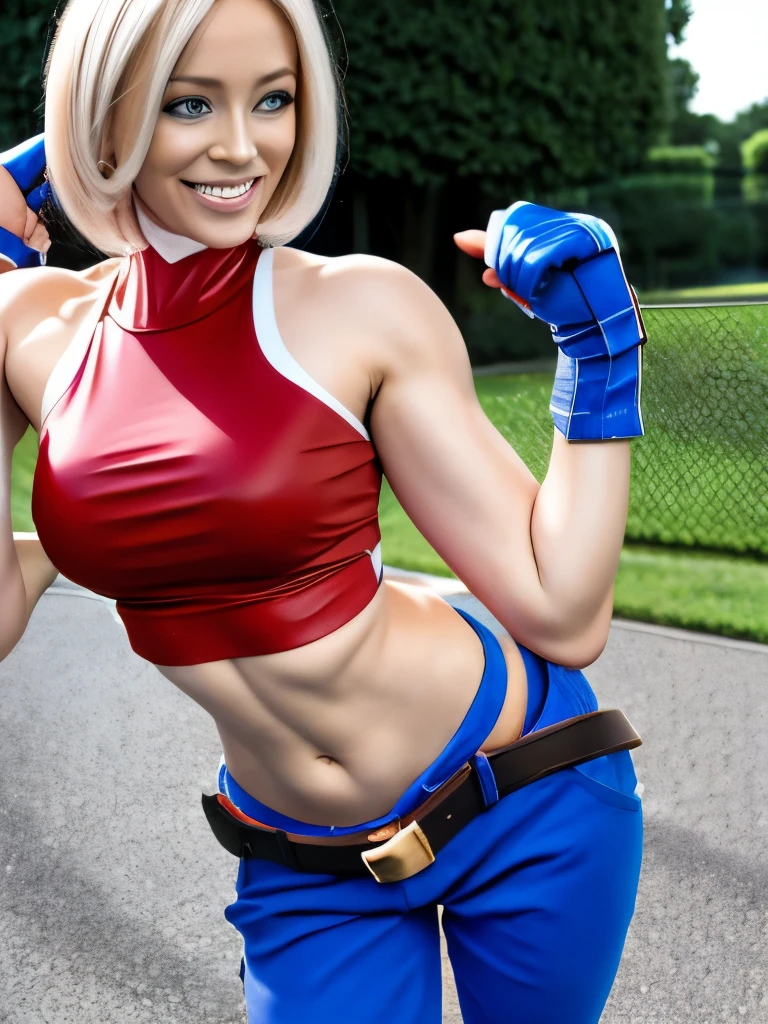 masterpiece, best quality, 1girl, beautiful, fine, delicate, extremely intricate, detailed, short blonde hair, red tanktop, red tanktop, blue sport pants, blue eyes, ((masterpiece)), extremely detailed, best quality, high resolution, ((at a park)), Bridget, smile, fighting pose, full body shot, short blue leather gloves on both hands, well built body, sharp focus, blue gloves