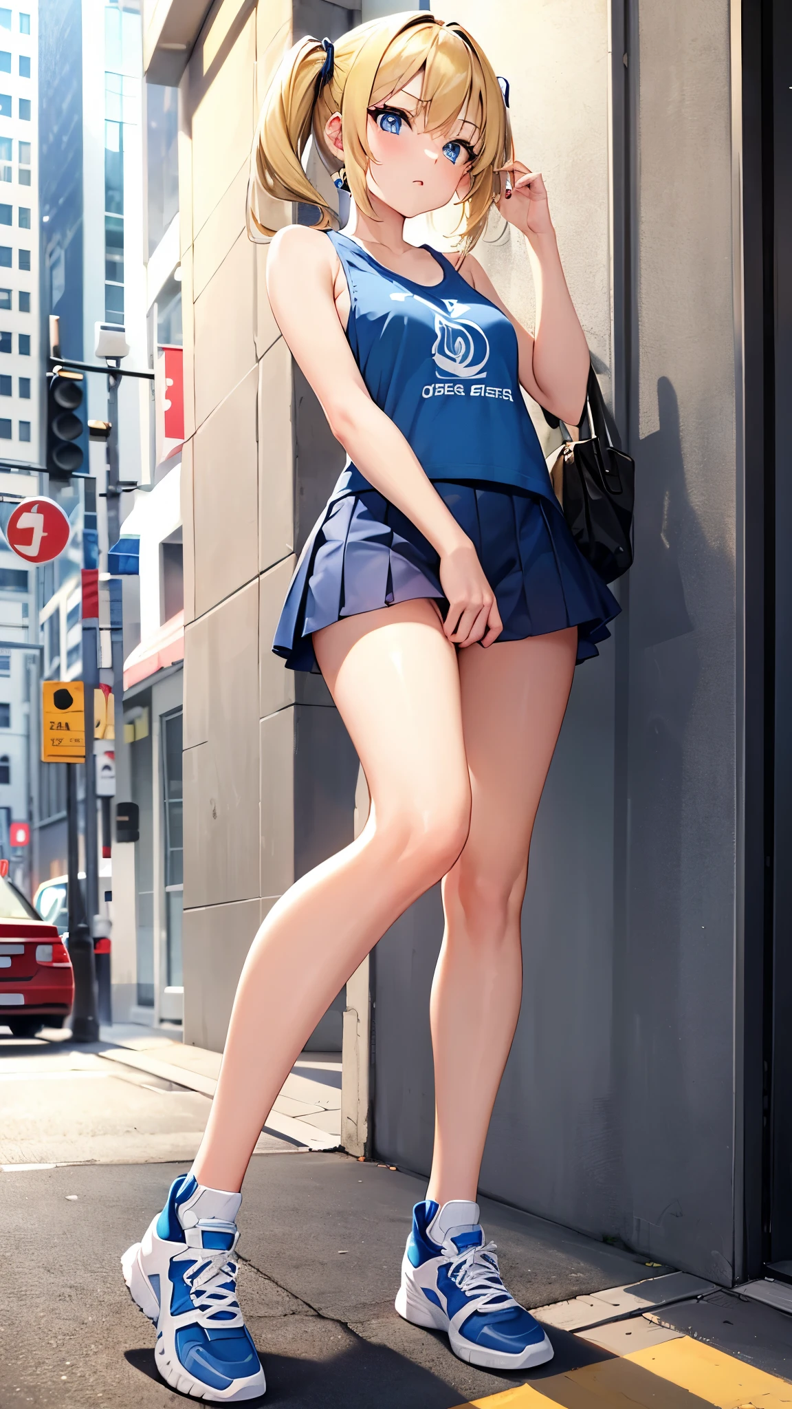 Girl, short twintail hair, blonde hair, blue eyes, cute girl, hot girl, tank top, mini skirt, Jordan shoes, city