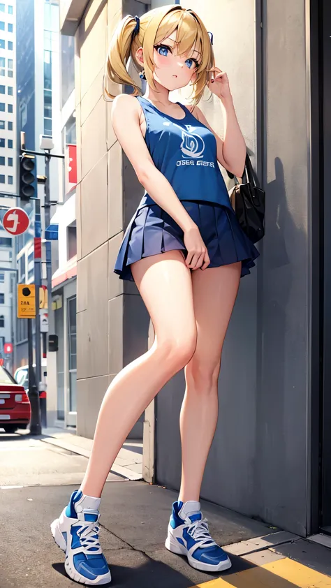 Girl, short twintail hair, blonde hair, blue eyes, cute girl, hot girl, tank top, mini skirt, Jordan shoes, city